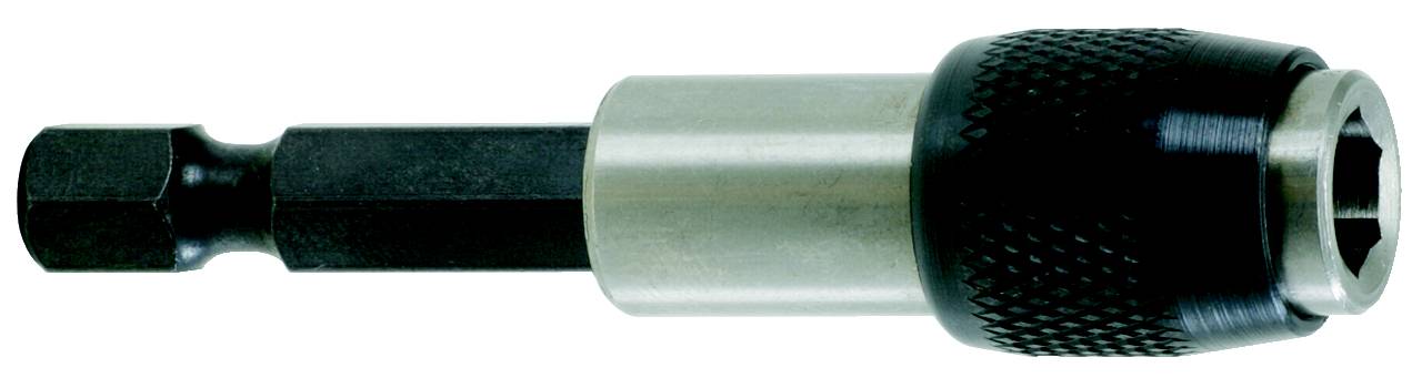 Ein magnetischer Bithalter mit einem silbernen Schaft und einem schwarzen gerändelten Griff, geeignet für Schraubendreher.