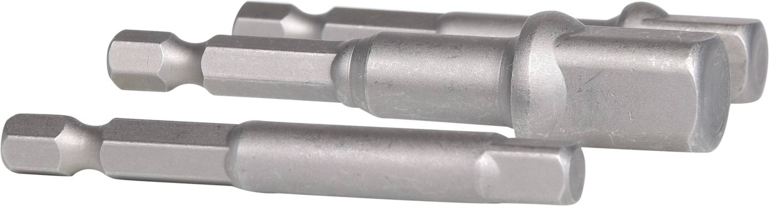 Drei metallene Sechskant-Bitverlängerungen liegen übereinander. Sie sind aus silbernem Material und dienen zur Verlängerung von Werkzeugen.