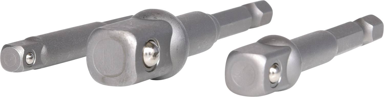 Drei graue Stecknussadapter in verschiedenen Größen liegen nebeneinander auf einer weißen Oberfläche.