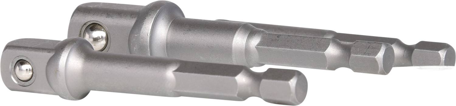 Zwei silberne Sechskant-Antrieb-Adapter für Schraubendreher, mit Kugellager für sicheren Halt. Sie sind unterschiedlich lang.
