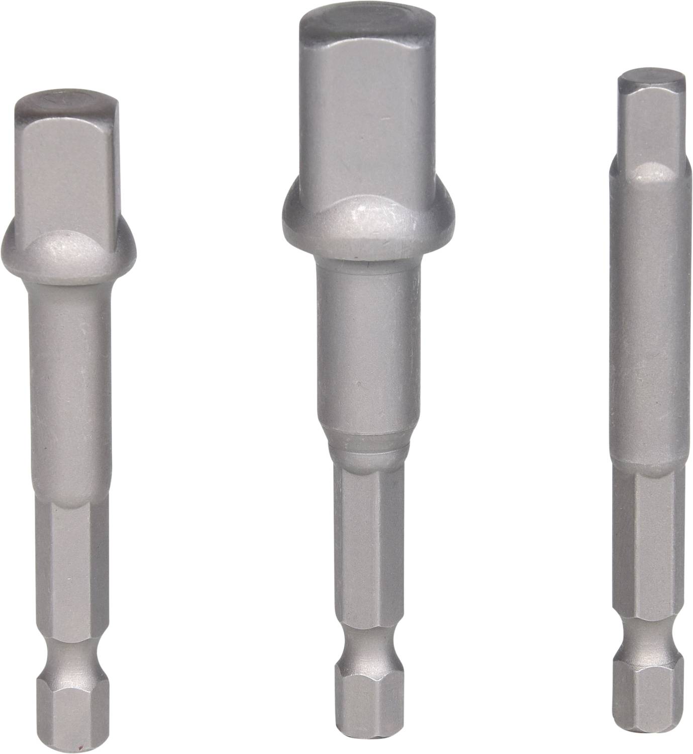 'Drei silberne Sechskant-Bitaufsätze in unterschiedlichen Längen', verwendet für Schraubbohrer oder andere Werkzeuge.