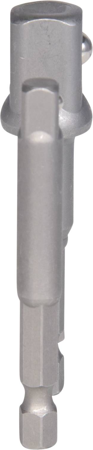 Ein silberner Werkzeugadapter mit einem sechskantigen Schaft, der in einen runden Kopf übergeht. Geeignet für Schraubarbeiten.
