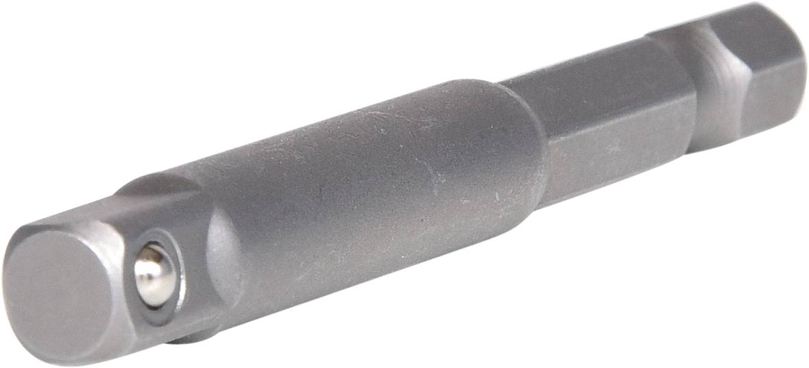 Adapter in Metalloptik mit rundem und sechseckigem Endstück, geeignet zur Verbindung von Bits oder Werkzeugaufsätzen mit Bohrmaschinen.