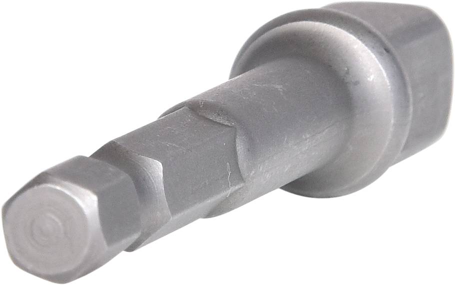 Nahaufnahme eines metallischen, sechseckigen Schraubendreherbits, scheinbar aus Stahl, für den Einsatz mit einem elektrischen Schraubendreher.