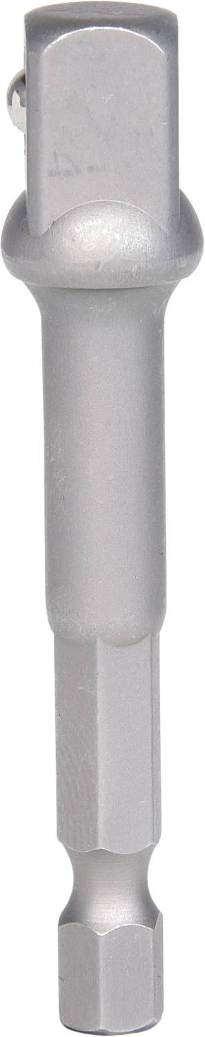 Ein silberner Stecknuss-Adapter mit sechseckigem Schaft und Kugelverschluss zum Verbinden von Werkzeugen und Steckschlüsseln.
