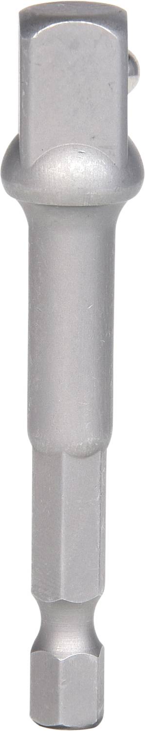 Ein silberner Adapter für Stecknüsse, sechseckiger Schaft oben, quadratische Aufnahme unten, zur Verbindung von Werkzeugen.