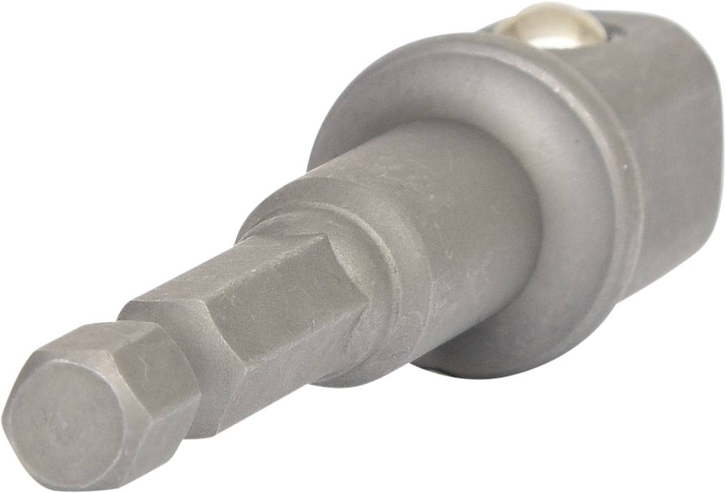 Ein grauer Steckschlüsseladapter mit sechskantiger Spitze und rundem Ende, verwendet zum Verbinden von Werkzeugen wie Schraubendreher und Bohrmaschinen.
