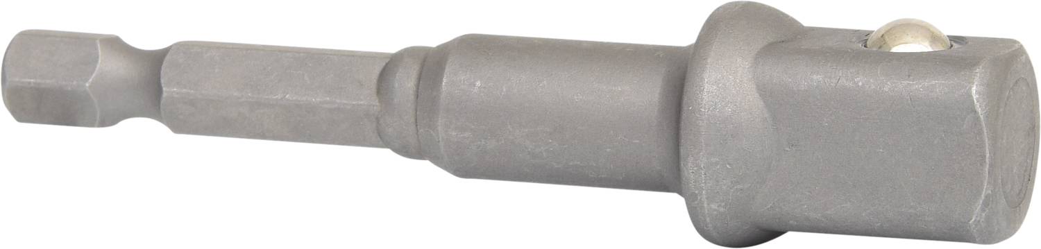 Metallischer Stecknussadapter mit sechseckigem Schaft und kugelförmigem Druckknopf. Verwendet für die Verbindung von Werkzeugen.