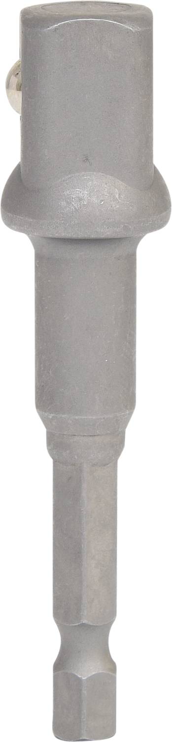 Ein silberner Metalladapter mit sechseckiger Basis und rundem Ende, wahrscheinlich für Werkzeuge oder Maschinen geeignet.