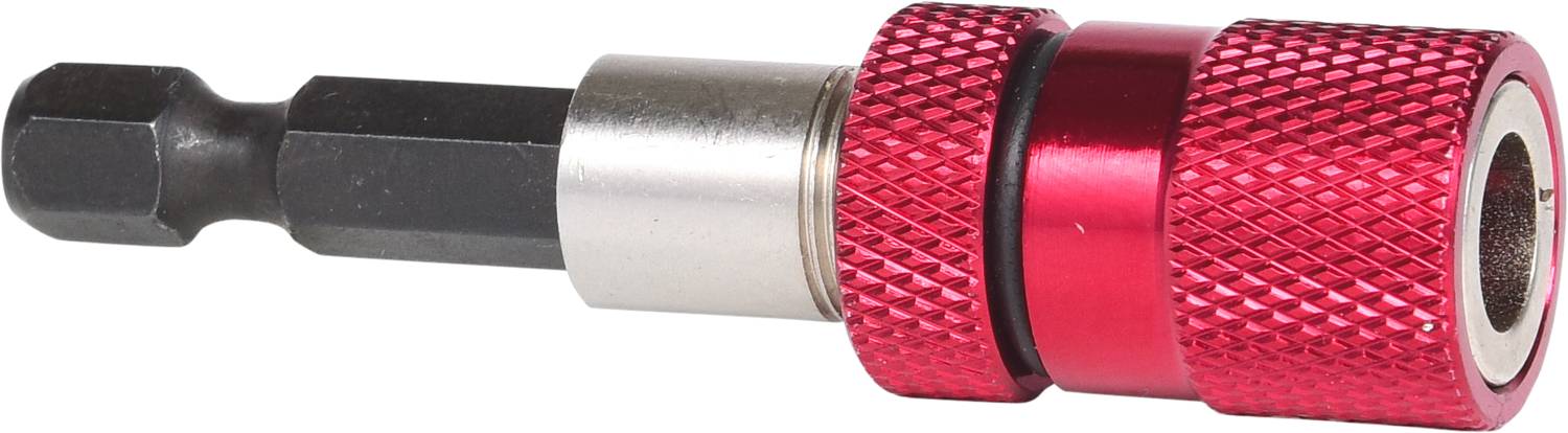 Ein rot-silberner Bithalter mit einem magnetischen Sechskantschaft und geriffelter Oberfläche für besseren Halt.