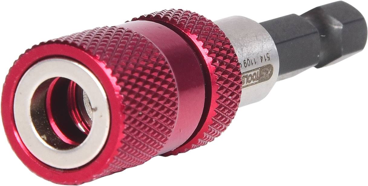 Ein rot-silberner magnetischer Bithalter mit strukturierter Oberfläche liegt in Schräglage.