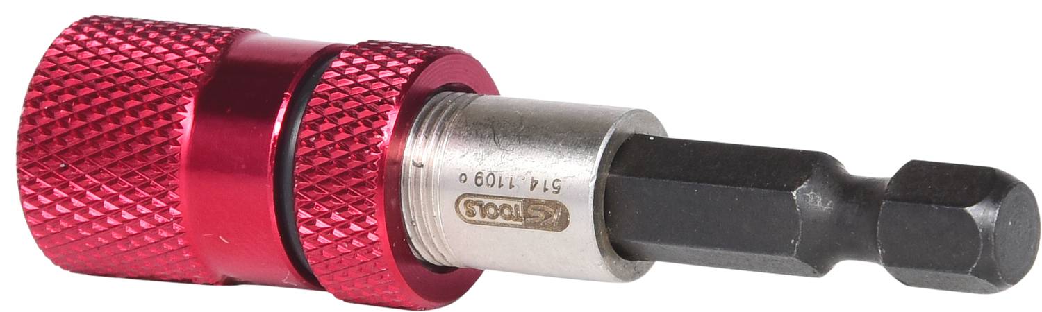 Ein roter Bithalter mit gerändeltem Griff aus Metall. Enthält einen magnetischen Sechskant-Bithalter für Schraubenbits.