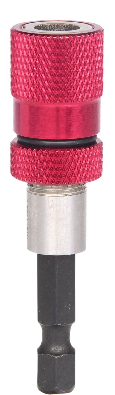 Ein roter magnetischer Bithalter mit sechseckiger Schaftaufnahme, geeignet für Schraubendreher und Bohrmaschinen.