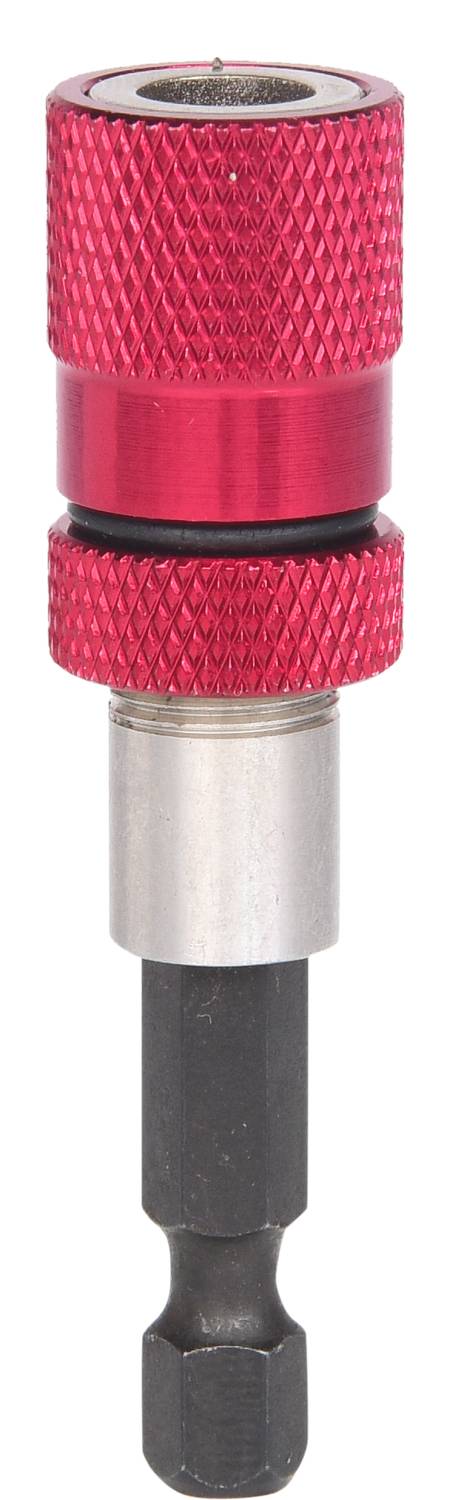 Roter magnetischer Bithalter mit schwarzem Schaft und silberner Manschette, zum Einsetzen in elektrische Schraubendreher.