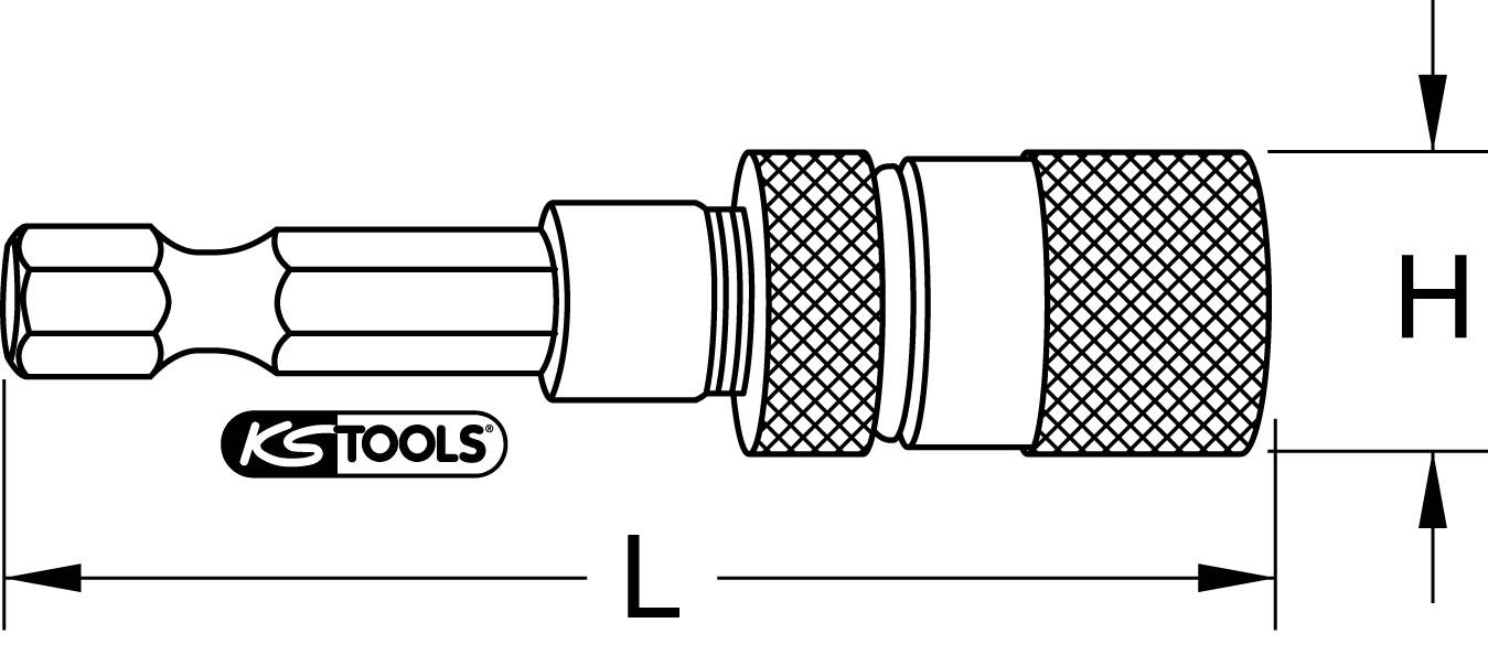 Technische Zeichnung eines Sechskant-Steckschlüsselhalters von 'KS TOOLS' mit den Maßen L und H, detailliert dargestellt.