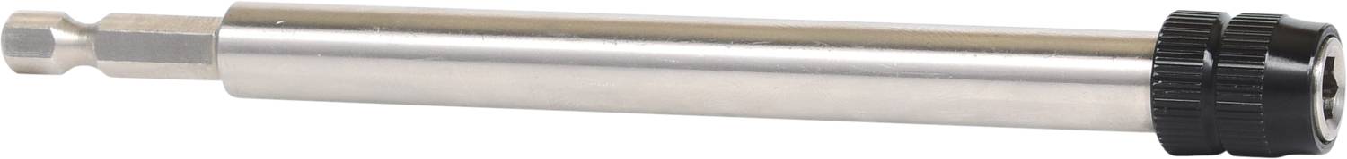 Ein silbernes Metallwerkzeug mit einem schwarzen Drehknopf am Ende, möglicherweise ein Bohreraufsatz oder Adapter.