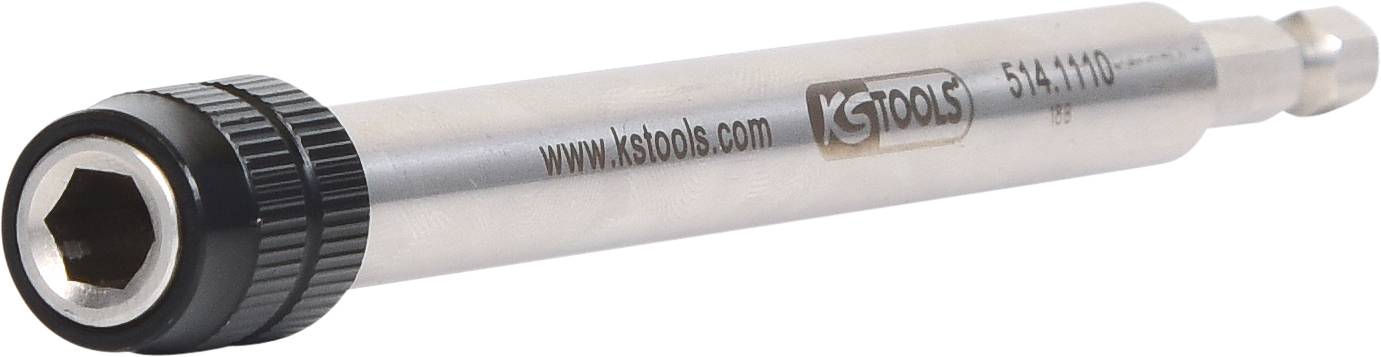 Bitschlüsselverlängerung mit sechseckigem Ende, silberfarben mit schwarzem Rand, 'ks tools' Logo und Modellnummer 514.1110 darauf.