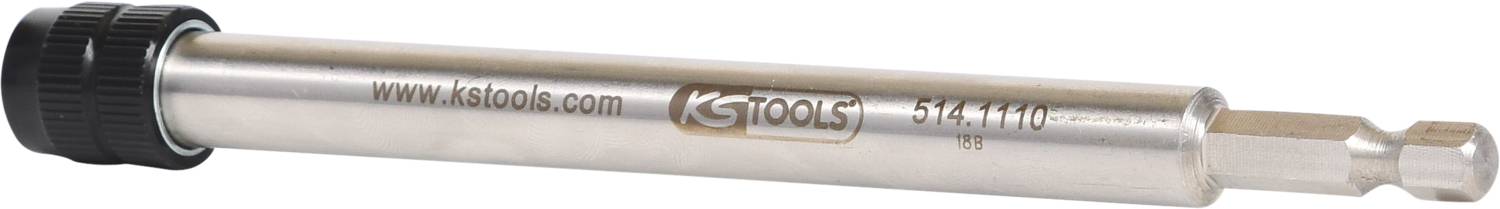 Metallischer Schraubendreher-Aufsatz mit sechseckiger Spitze und schwarzem Endkappe. Markiert mit 'ks tools'.