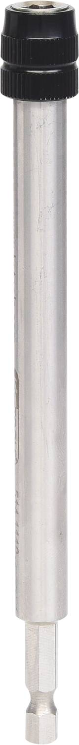 Ein silberner Schraubenzieheraufsatz mit schwarzem Ende, geeignet für Schraubendreher mit auswechselbaren Spitzen.