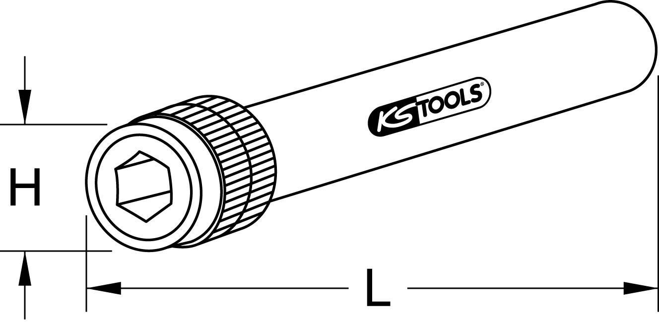 Abbildung eines Innensechskantschlüssels von KS Tools mit markierten Abmessungen: Länge (L) und Höhe (H).