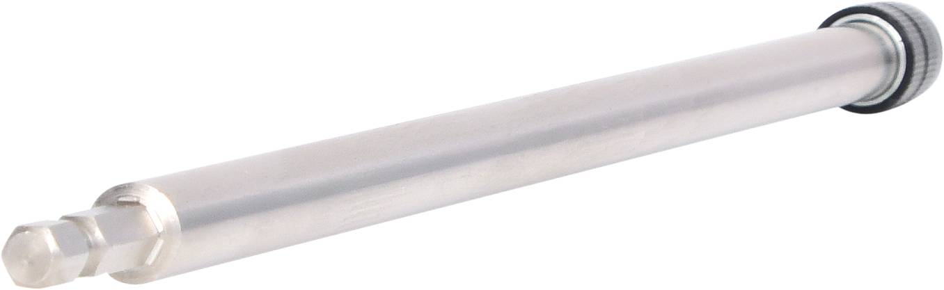 Ein metallischer Stab mit geriffeltem Griff am Ende, vermutlich ein Werkzeug oder Maschinenteil.