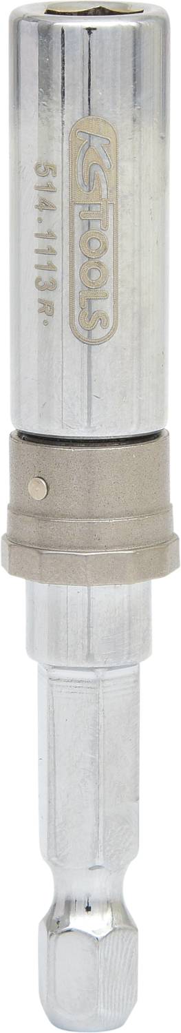 Ein silberner Steckschlüsselaufsatz mit sechseckiger Öffnung, geeignet für Ratschen oder Bohrmaschinen.