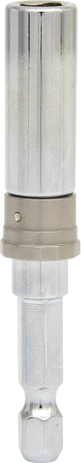 Ein metallischer Bit-Halter für Werkzeuge, zylindrisch, mit einem unteren Segment, das zur Befestigung in einem Handbohrer dient.