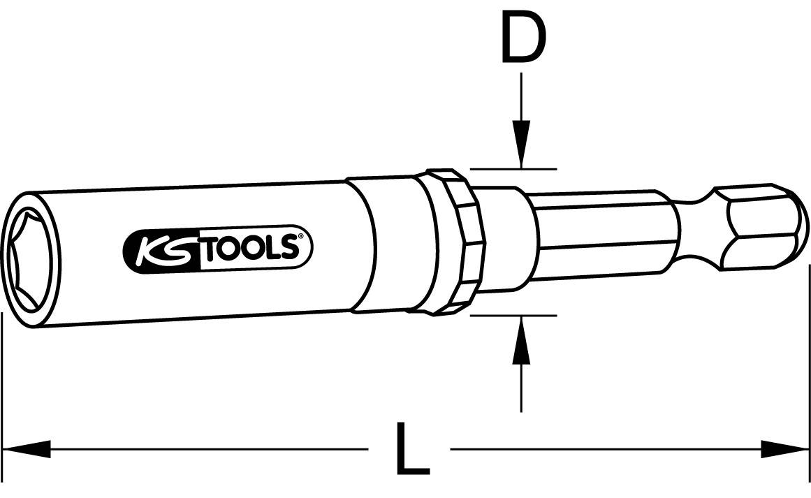 Schwarz-weiß Abbildung eines Bits mit KS Tools Logo, Beschriftungen 'D' und 'L' zur Darstellung von Durchmesser und Länge.