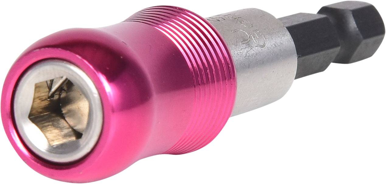 Ein metallischer, magnetischer Bithalter mit pinkfarbener Hülse und hexagonaler Aufnahme zum Anziehen oder Lösen von Schraubendrehern.