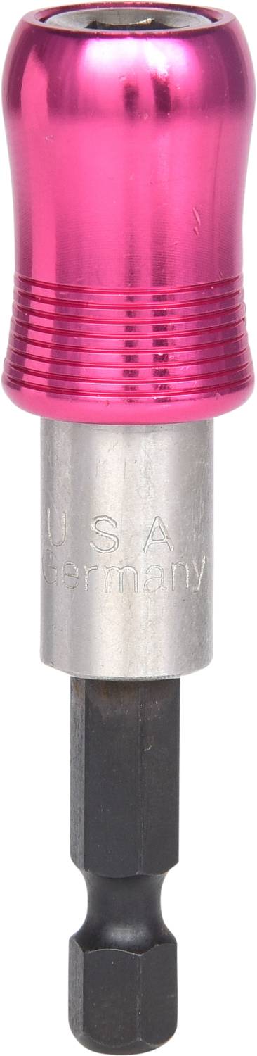 Ein rosa magnetischer Bithalter mit silbernem Griff und schwarzem Sechskantschaft; ideal für die Befestigung von Bits in Schraubendrehern.