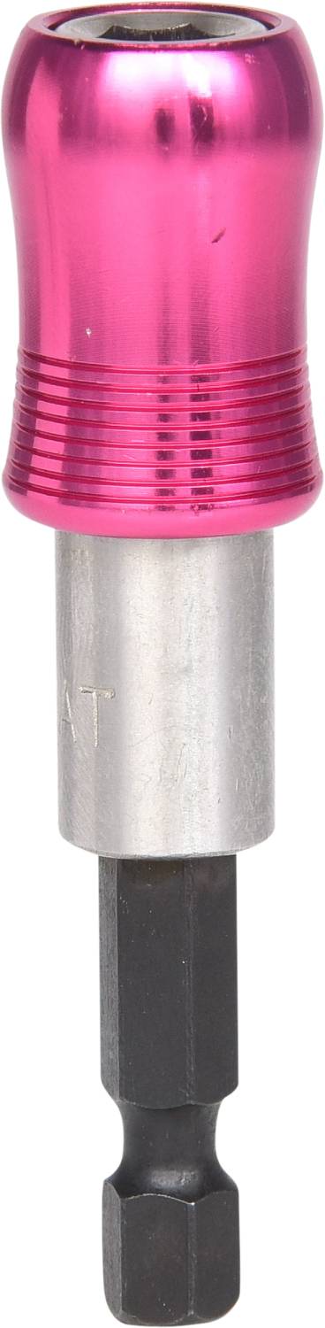 Ein magnetischer Bithalter mit rosa metallic-farbener Kappe und silbernem Schaft. Verwendet zum Halten von Schraubenbits.