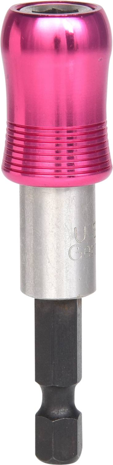 Ein metallischer Bithalter mit rosa, geriffeltem Griff und silbernem Schaft, geeignet für Schraubendreherbits.