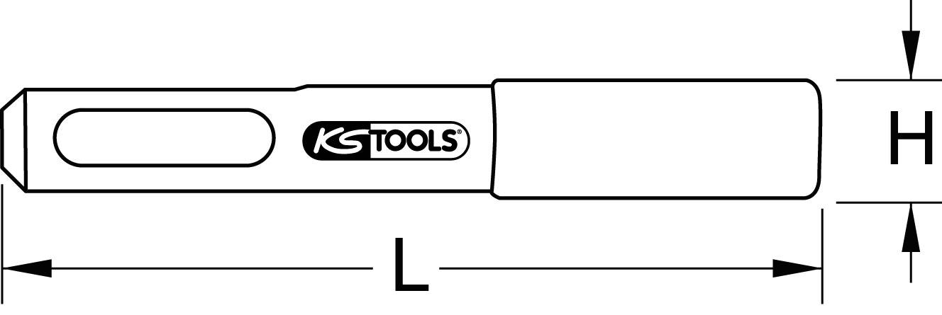 Abbildung eines Werkzeug-Stifts mit KS TOOLS-Logo. Pfeile zeigen Länge (L) und Höhe (H) an.