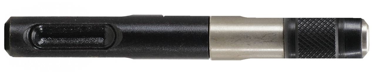Ein schwarzer Stift mit silbernem Mittelteil und geriffeltem Griffstück, horizontal ausgerichtet.