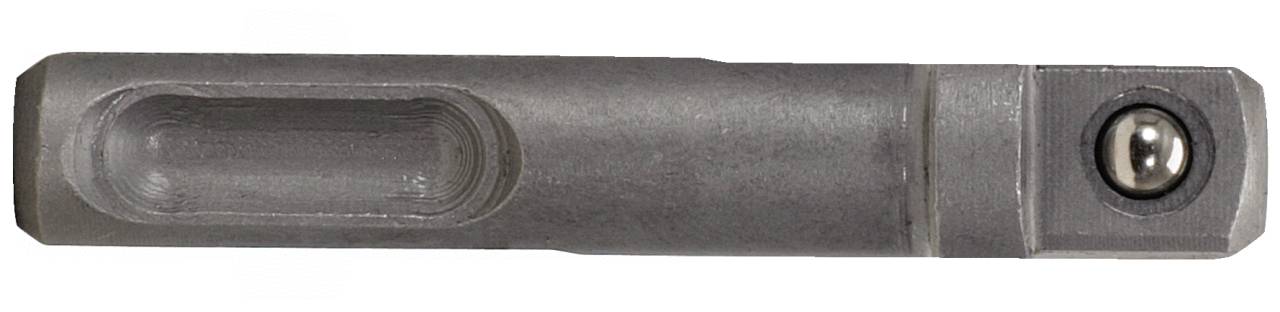 Ein metallischer Maschinenteil mit achteckiger Form, einer länglichen Vertiefung auf der linken Seite und einer runden Kugel rechts.