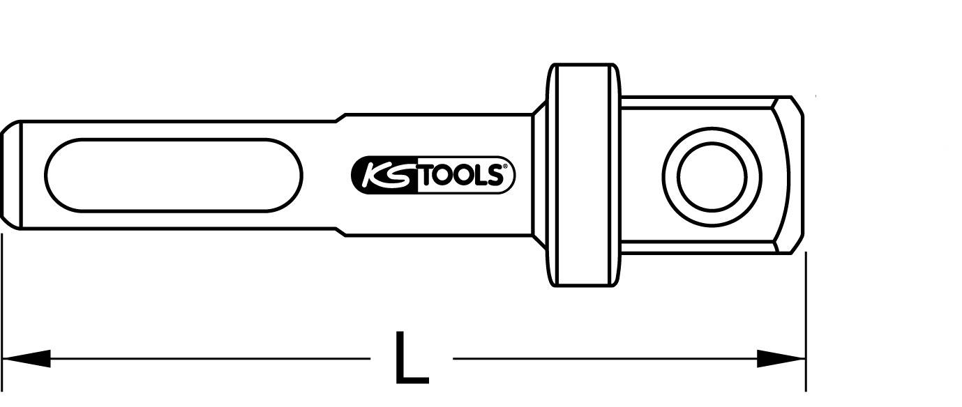 Abbildung eines Adapters mit KS Tools-Logo, verwendet zur Verlängerung bei Werkzeuganwendungen. Pfeil und Buchstabe 'L' markieren die Länge.