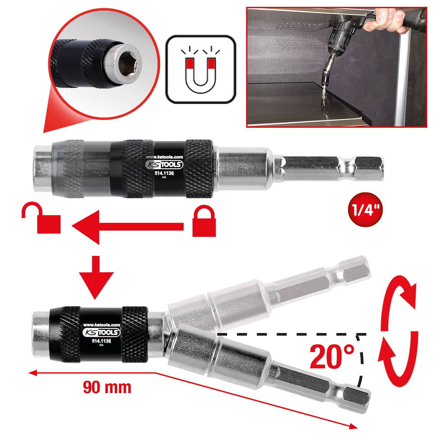 'KS Tools' Bit-Halter mit Magnetfunktion. Zeigt Bit-Einsatz und -Entfernung. Länge: 90 mm, Drehwinkel: 20 Grad, Größe: 1/4''.