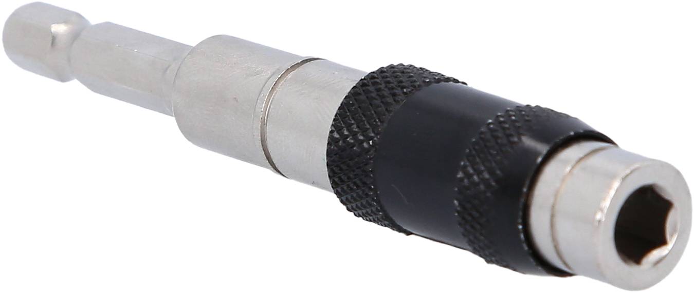 Silberne magnetische Bithalterverlängerung mit schwarzem Griff, zur Befestigung von Schraubendreherbits in einem Akkuschrauber.