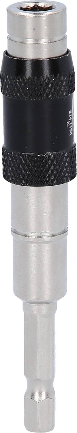 Ein silberner magnetischer Bithalter mit schwarzem Gummigriff. Verwendet zum sicheren Halten und Entfernen von Bits in einem Schraubendreher.