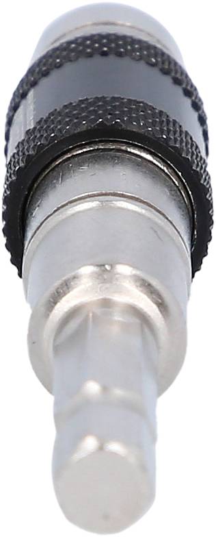 Nahaufnahme eines silbernen Audiosteckers mit schwarzem Kunststoffring. Der Stecker hat einen Metallkörper und ist zylindrisch geformt.