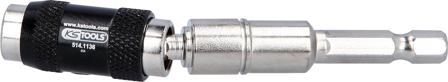 Ein silberner Adapter für Bohrmaschinen mit einem schwarzen, gerändelten Griff von KS Tools.