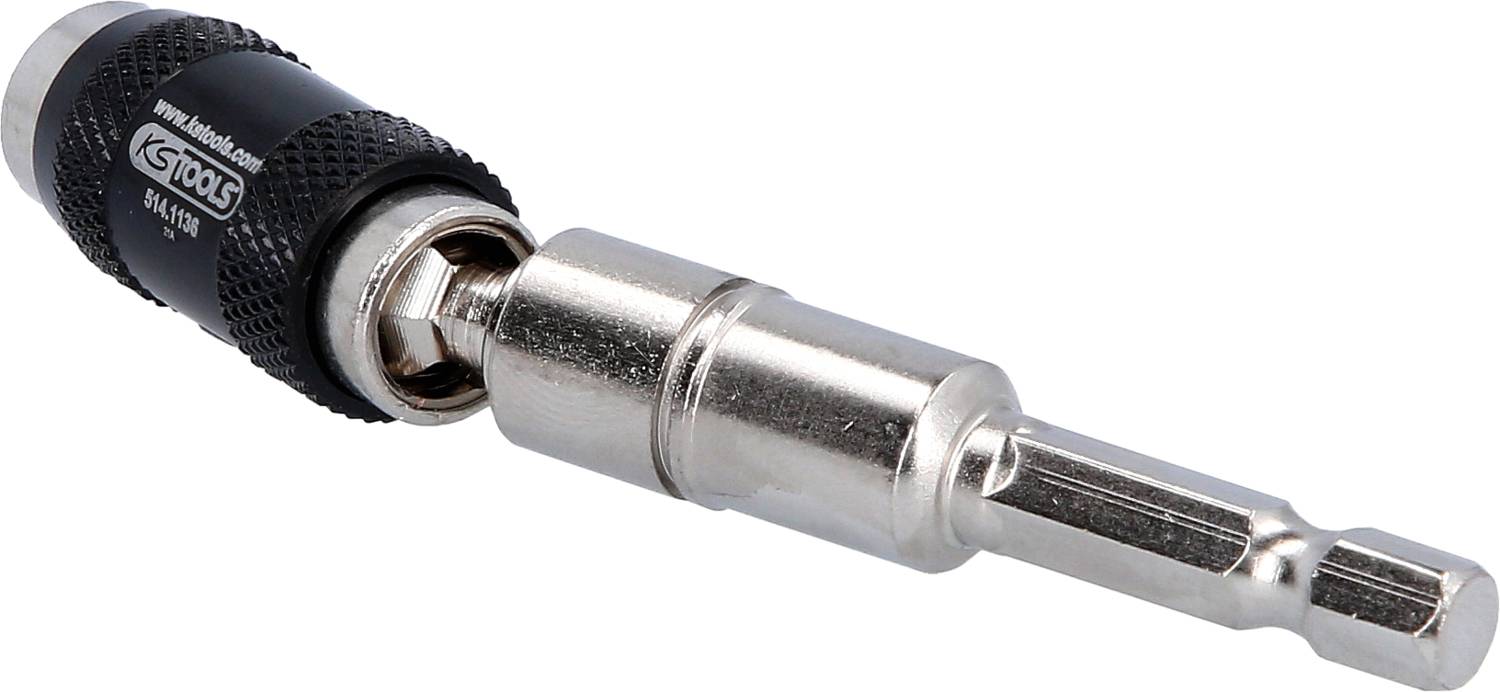 Ein silberner Bit-Adapter mit schwarzem Griff und Logo, geeignet für Werkzeuganwendungen.