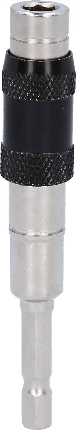Ein silberner Metall-Bithalter mit schwarzem Griff, verwendet zum Befestigen von Schraubenziehereinsätzen oder -bits, stehend gezeigt.
