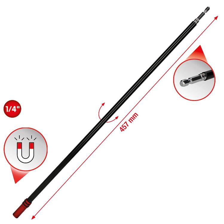 Magnetischer Greifarm, 457 mm lang, mit 1/4'' Spitze, zeigt Richtung und Länge an; ideal zum Erreichen schwer zugänglicher Stellen.