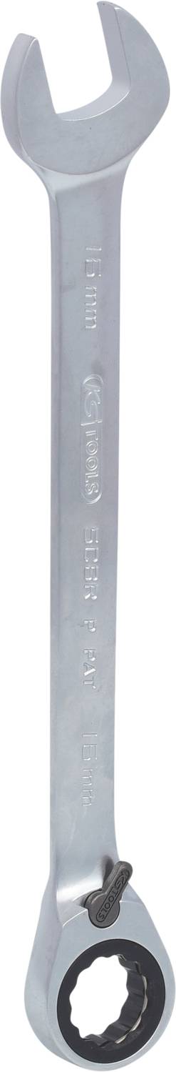 Offener Ringschlüssel mit Ratschenmechanismus an einem Ende, Metalloberfläche, Gravur '15 mm'. Werkzeug zum Anziehen oder Lösen von Schrauben.