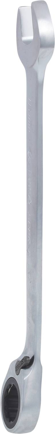 Ein silberner Schraubenschlüssel mit einer offenen und einer ringförmigen Seite.