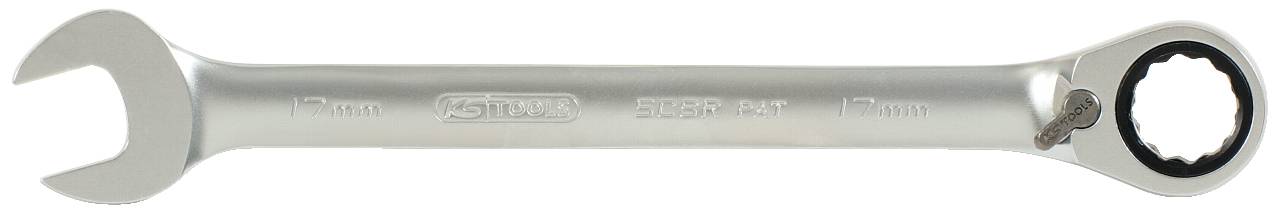 Maulschlüssel mit Ratschenfunktion, silberfarben, dient zum Anziehen oder Lösen von Schrauben in mechanischen Anwendungen.