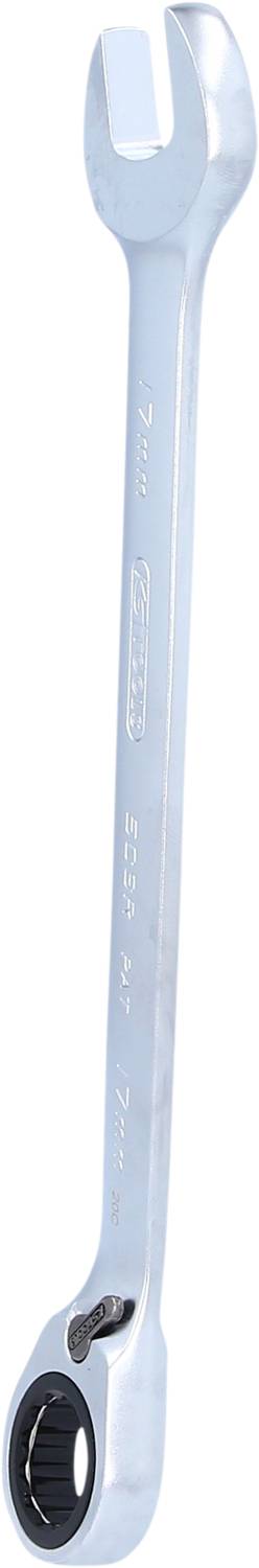 Ein silberner Ringschlüssel mit Ratschenfunktion; eine Seite offen, die andere mit Ratschenring für erleichtertes Schrauben.