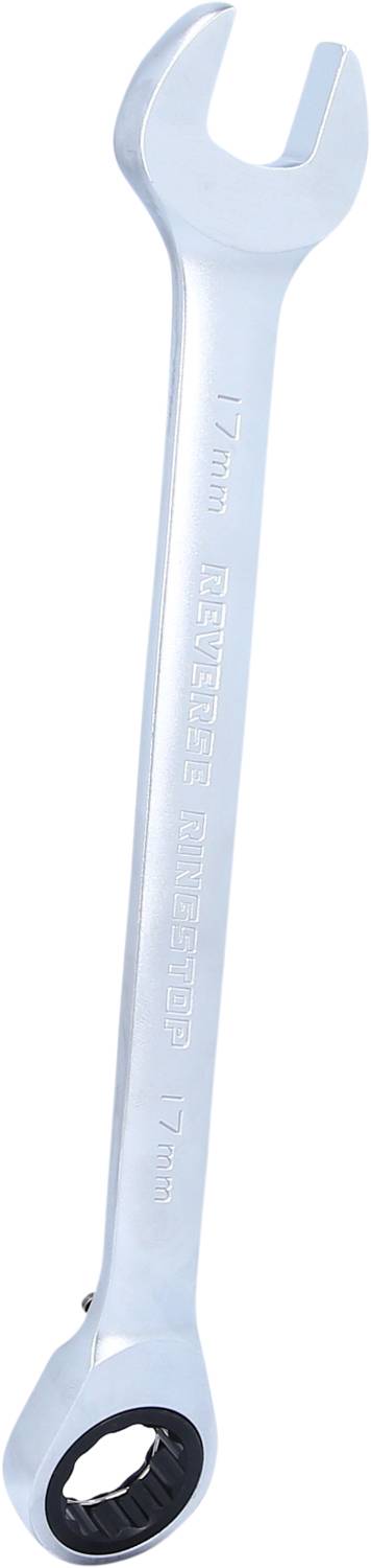 Ein silberfarbener Ringmaulschlüssel mit '17mm' Aufschrift, geeignet für handwerkliche Arbeiten.