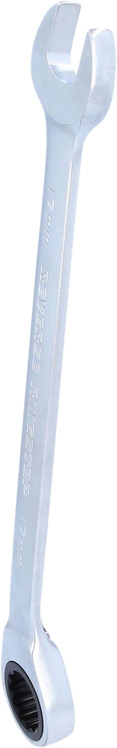 Ein silberner Ringschlüssel mit einer offenen und einer geschlossenen Seite, häufig in Reparaturen und Mechanik verwendet.